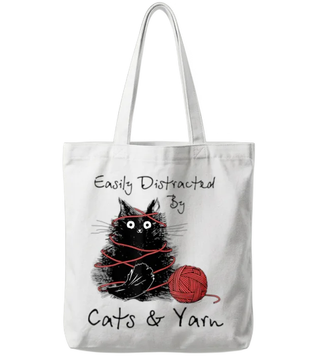 Easily Distracted By Cats And Yarn Knitting Lovers Tote Bags - White