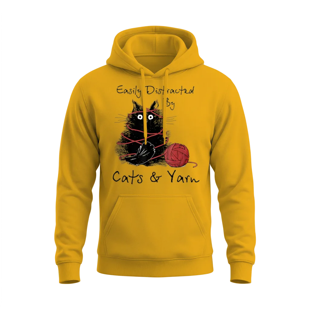 Easily Distracted By Cats And Yarn Knitting Lovers Unisex Hoodie - Gold
