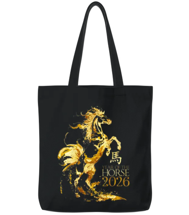 Chinese New Year 2026 Year of The Horse Zodiac Tote Bags - Black
